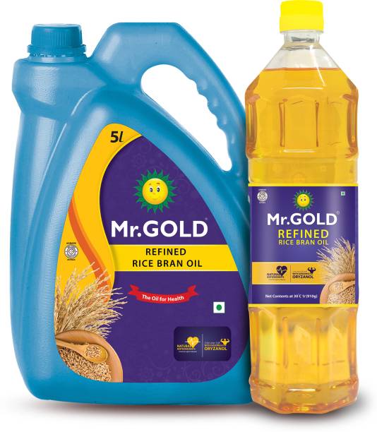 Mr.Gold Combo Pack of 5 Can and 1L Pet Refined Rice Bran Oil Can