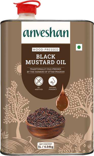 अन्वेषण वुड प्रेस्ड काला मस्टर्ड ऑइल - 5 लीटर | ग्लास बॉटल | कोल्हू/ कच्ची घानी/ चेक्कू | नेचुरल | केमिकल-फ्री सरसों का तेल टिन