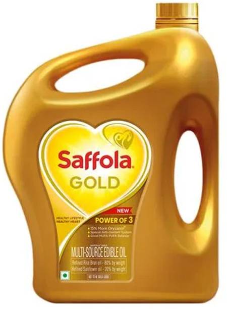 Saffola Gold Refined Cooking Rice Bran &amp; Sunflower Blended Oil Can (3 L) Rice Bran Oil Can