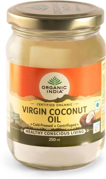 ORGANIC INDIA Virgin Coconut Oil 250ml | Cold Pressed & Unrefined Coconut Oil Glass Bottle