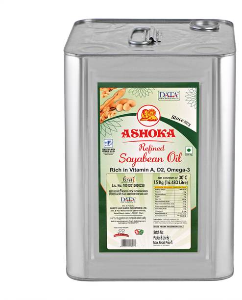 ASHOKA Refined Soyabean Oil -15 Kg Tin Cooking/Frying/Baking Purpose, Pack of 1 Soyabean Oil