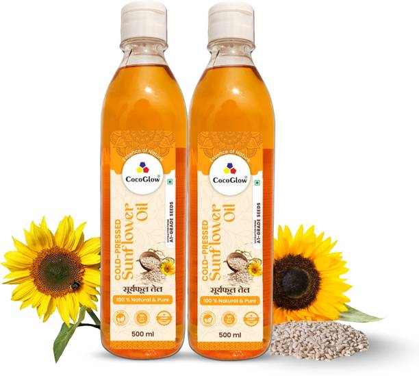 CocoGlow Cold Pressed Sunflower Oil,Kacchi Ghani Lakdi Ghana Oil, Pure & Natural 500ml x2 Sunflower Oil Plastic Bottle