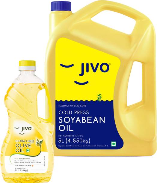 JIVO Cold Press Soyabean Oil 5L with Extra Light Olive Oil 2L Soyabean Oil Can