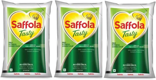 Saffola Tasty Refined Cooking Oil Rice bran &amp; Corn Oil Blended Oil Pouch (3 x 1 L) Blended Oil Pouch