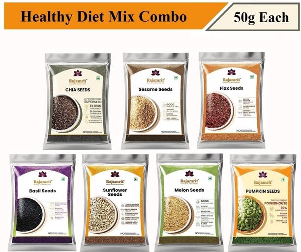 Rajamrit High Protein Healthy Dry Seeds Combo Pack with Omega 3 for Immunity Black Chia Seeds, Pumpkin Seeds, Sunflower Seeds, Brown Flax Seeds, White Sesame Seeds, Sweet Basil Seeds, Muskmelon Seeds