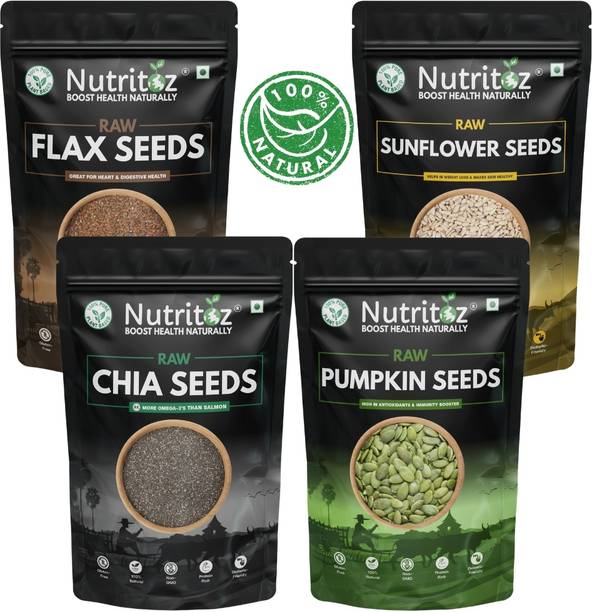 Nutritoz Raw Chia Seeds, Flax, Pumpkin & Sunflower Seeds Combo Pack | 100GM Pack of 4 | Chia Seeds, Brown Flax Seeds, Sunflower Seeds, Pumpkin Seeds