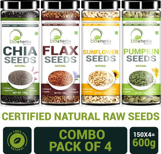 Bioherbs Certified Raw Combo Seeds Value Pack (FLax Seed,Chia Seed, Sunflower seed & Pumpkin Seed) Brown Flax Seeds, Chia Seeds, Sunflower Seeds, Pumpkin Seeds