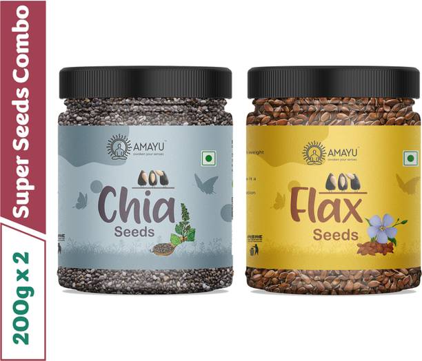 AMAYU Raw Organic Chia Seeds Weight Loss 200g | Flax Seeds for Hair 200g Combo Chia Seeds, Brown Flax Seeds