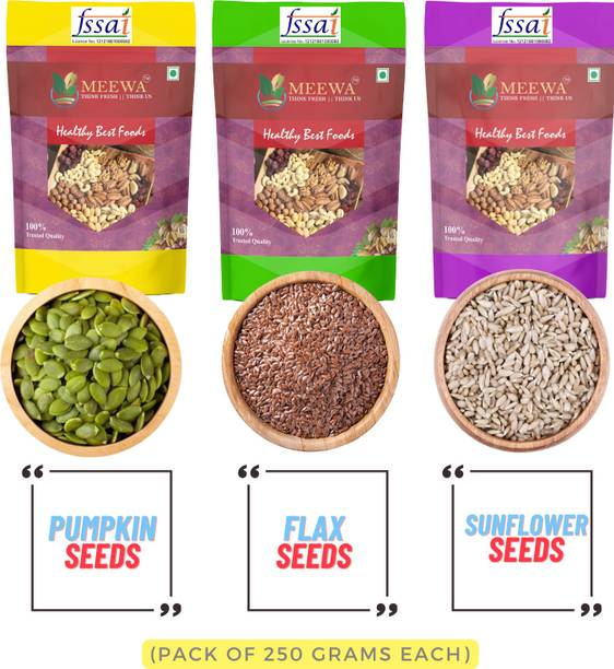 MEEWA Premium Seeds 750g, Combo Pack Of 3(Each 250g) Pumpkin Seeds, Sunflower Seeds, Brown Flax Seeds