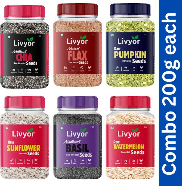 LIVYOR Raw Seeds Combo 200g x 6 for Weight Loss | Mix Seeds Combo Pack for eating Chia Seeds, Brown Flax Seeds, Pumpkin Seeds, Sunflower Seeds, Basil Seeds, Watermelon Seeds