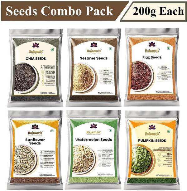 Rajamrit Healthy 6-in-1 Edible Seeds Combo for Weight Loss, Immunity, Energy & Digestion Grey Chia Seeds, Pumpkin Seeds, Sunflower Seeds, Brown Flax Seeds, Watermelon Seeds, Sesame Seeds