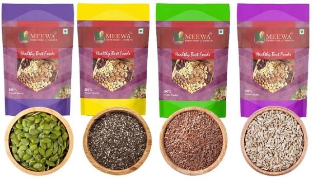MEEWA 4 in 1 Edible Seeds Combo For Eating | 200g Each| Weight Loss | Seeds for Eating Black Chia Seeds, Brown Flax Seeds, Pumpkin Seeds, Sunflower Seeds