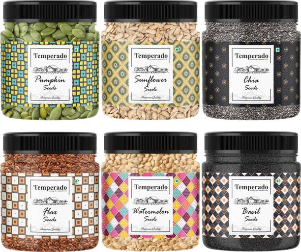 Temperado 6SEEDSCOMBO100GMJAR Pumpkin Seeds, Sunflower Seeds, Chia Seeds, Brown Flax Seeds, Watermelon Seeds, Basil Seeds