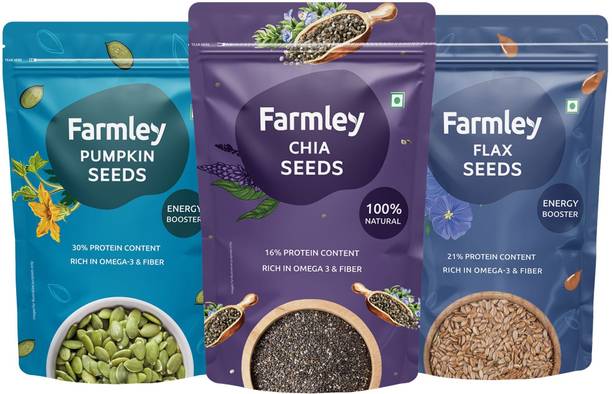 Farmley Premium Chia Seeds- 200g | Pumpkin Seeds- 200g | Flax Seeds- 200g Combo Of- Chia Seeds, Brown Flax Seeds, Pumpkin Seeds