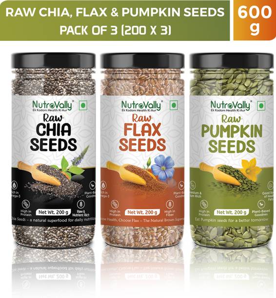 NutroVally Raw Chia Seeds, Flax Seeds, Pumpkin Seeds Combo Loaded with Omega 3, Zinc, Fiber, Calcium, Protein for weight loss, Healthy Heart and Boost Immunity seed for Eating Chia Seeds, Pumpkin Seeds, Brown Flax Seeds