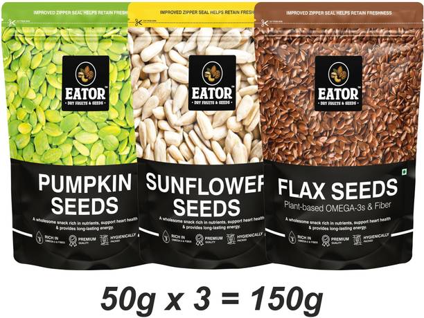 EATOR Seeds Combo 150gm (50gm Each), Pack of 3, Pumpkin Seeds, Sunflower Seeds, Brown Flax Seeds