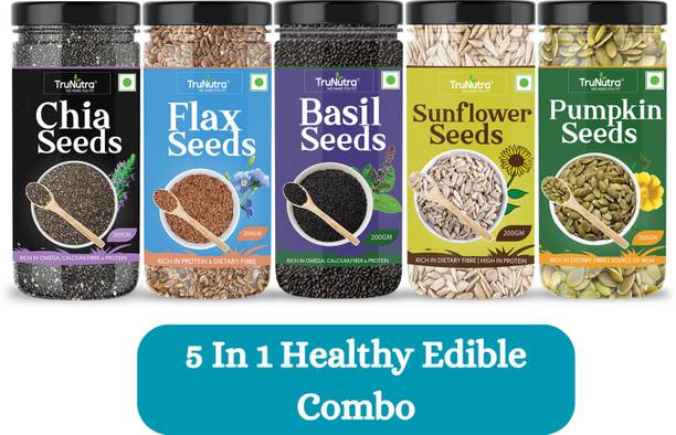 TruNutra Chia Seed Combo With Omega-3 Zinc & Iron Weight Loss & Healthy Heart 5-In 1 Pack Chia Seeds, Pumpkin Seeds, Brown Flax Seeds, Sunflower Seeds, Basil Seeds