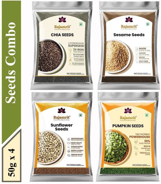 Rajamrit Raw Edible Seeds Combo Pack | Healthy Diet Mix Superfood for Immunity & Health Black Chia Seeds, Pumpkin Seeds, Sunflower Seeds, White Sesame Seeds