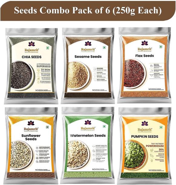 Rajamrit 6 High Fiber Raw Seeds Combo Pack for WeightLoss, Immunity, Energy & Digestion Brown Chia Seeds, Pumpkin Seeds, Watermelon Seeds, Golden Flax Seeds, Sunflower Seeds, Sesame Seeds