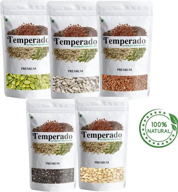 Temperado Seeds Combo| Chia, Pumpkin, Sunflower, Watermelon & Flax Seeds (200gm* 5) Chia Seeds, Pumpkin Seeds, Brown Flax Seeds, Sunflower Seeds, Watermelon Seeds
