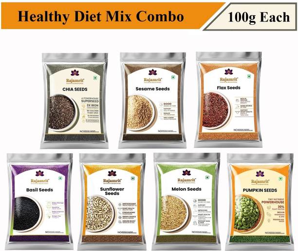 Rajamrit Multi 7 Mix Raw Edible Seeds Combo Pack for Weight Loss & Birds with Omega 3 Grey Chia Seeds, Pumpkin Seeds, Sunflower Seeds, Brown Flax Seeds, White Sesame Seeds, Basil Seeds, Muskmelon Seed