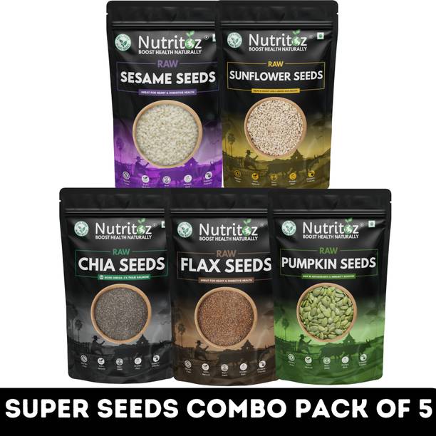 Nutritoz 5-in-1 Mix Super Seeds Combo Pack of 5 for Weight Loss with Omega-3 & Fiber | Chia Seeds, Brown Flax Seeds, Pumpkin Seeds, Sunflower Seeds, Sesame Seeds