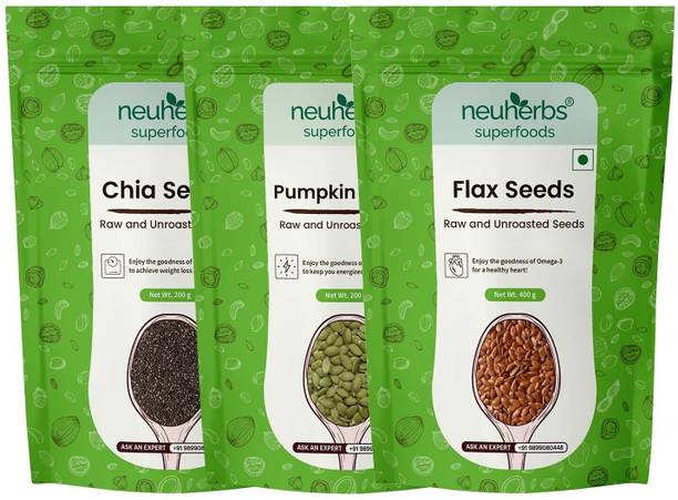 Neuherbs Organic Flax, Chia, and Pumpkin Seeds Combo for Improved Bone Health-(Flax seeds 400g + chia seeds 200g + pumpkin seeds 200g) Brown Flax Seeds, Chia Seeds, Pumpkin Seeds