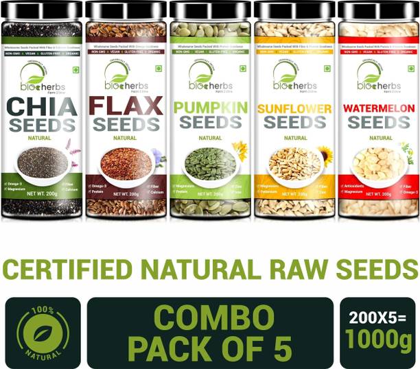 Bioherbs Certified Raw Combo Seeds Value Pack (FLax Seed,Chia Seed, Sunflower seed, Pumpkin Seed & Watermelon Seed) Brown Flax Seeds, Chia Seeds, Sunflower Seeds, Watermelon Seeds, Pumpkin Seeds