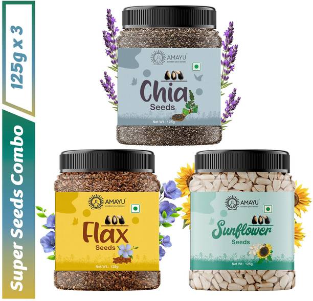 AMAYU Raw Chia Seeds 125g | Sunflower Seeds 125g | Flax Seeds 125g | Combo Seeds Chia Seeds, Sunflower Seeds, Brown Flax Seeds