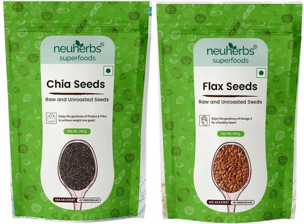 Neuherbs Organic Chia & Flax Seeds Combo for Healthy digestion, Weight management, Healthy skin & hair- (Chia seed 200g + Flax seeds 400g) Brown Flax Seeds, Black Chia Seeds