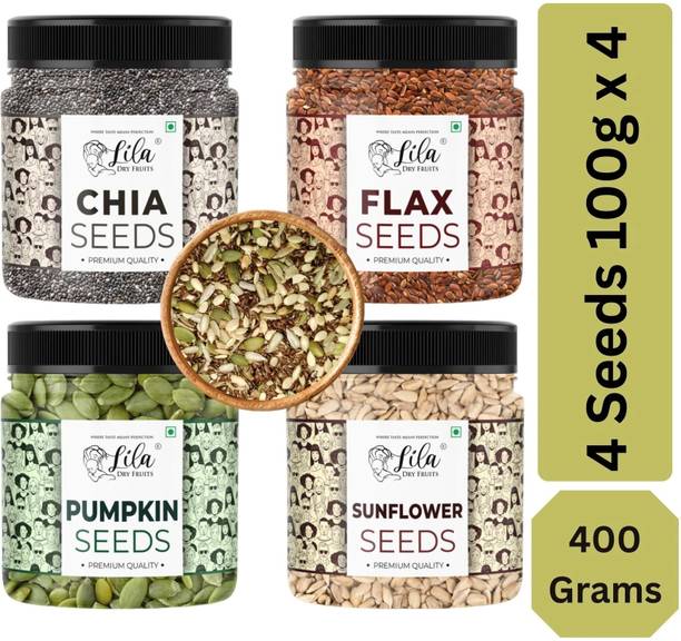lila dry fruits Pumpkin Seeds, Sunflower Seeds, Chia seeds, Flax Seeds 100 gm each Jar Pumpkin Seeds, Sunflower Seeds, Chia Seeds, Brown Flax Seeds
