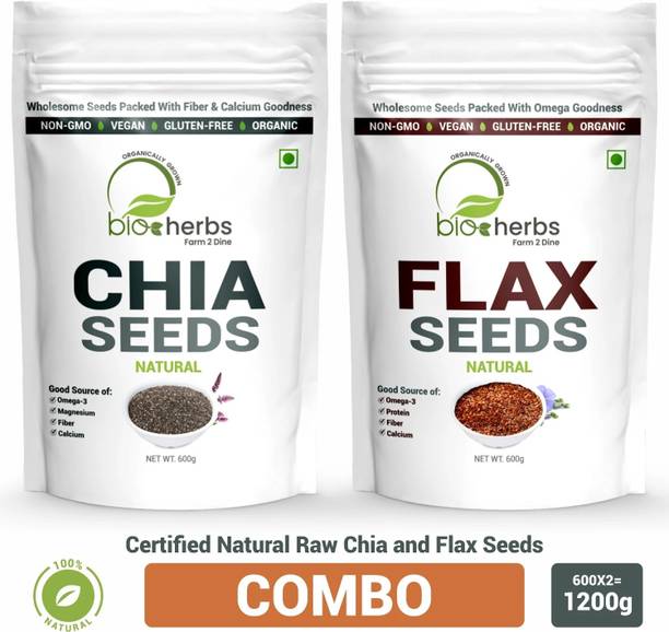 Bioherbs Certified Raw Chai & Flax Seeds Combo Pack For Fiber & Weight Loss With Omega-3 Brown Flax Seeds, Chia Seeds