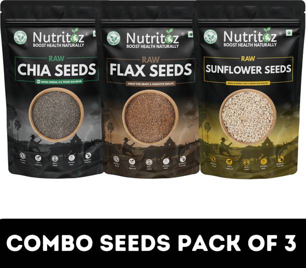 Nutritoz Raw Chia Seeds, Flax Seeds & Sunflower Seeds Combo 100GM Pack of 3 Chia Seeds, Brown Flax Seeds, Sunflower Seeds