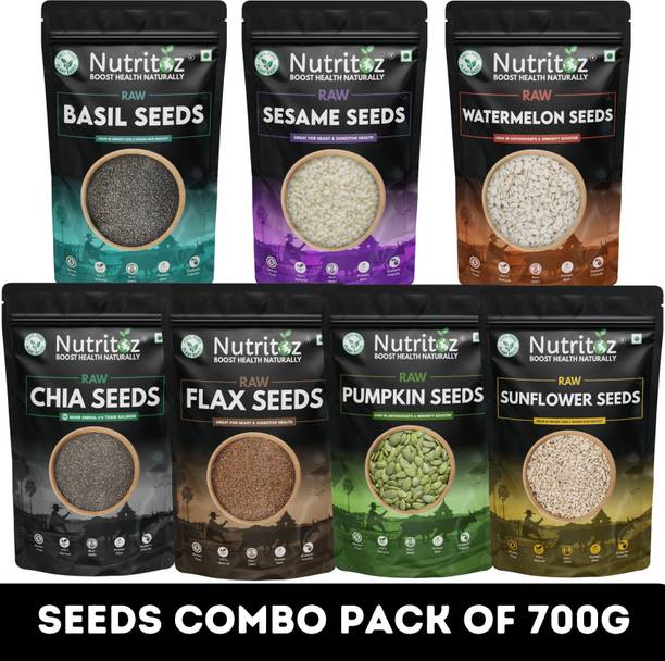 Nutritoz Raw Mix Super Seeds Combo Pack Of 7 for Weight Loss with Omega 3 (100G EACH) | Chia Seeds, Brown Flax Seeds, Pumpkin Seeds, Sunflower Seeds, Basil Seeds, Sesame Seeds, Watermelon Seeds
