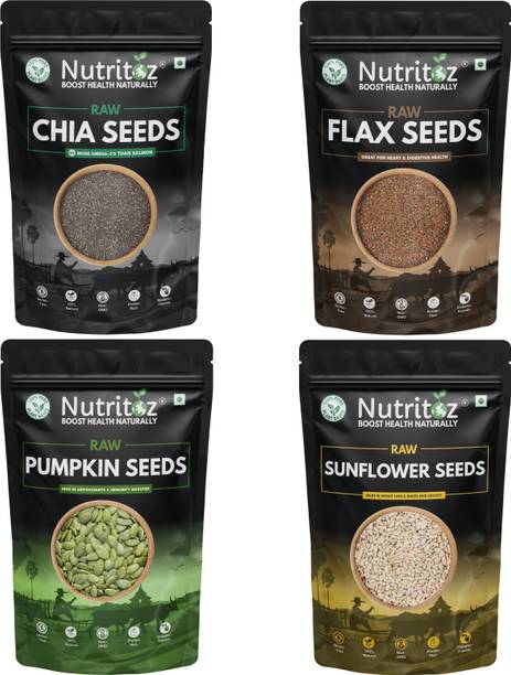 Nutritoz Premium Seeds 800g, Edible Seeds Combo Pack Of 4 (Each 200g) Chia Seeds, Brown Flax Seeds, Pumpkin Seeds, Sunflower Seeds