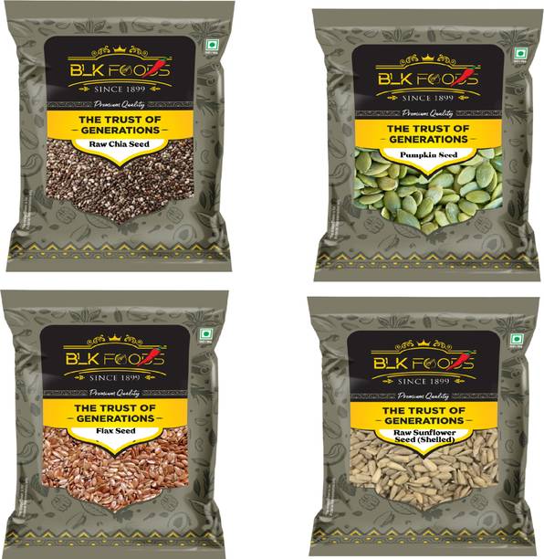 BLK FOODS Weight loss seeds Combo | Chia, Pumpkin, Sunflower, Flax 200gm each with Omega 3 Black Chia Seeds, Brown Flax Seeds, Pumpkin Seeds, Sunflower Seeds