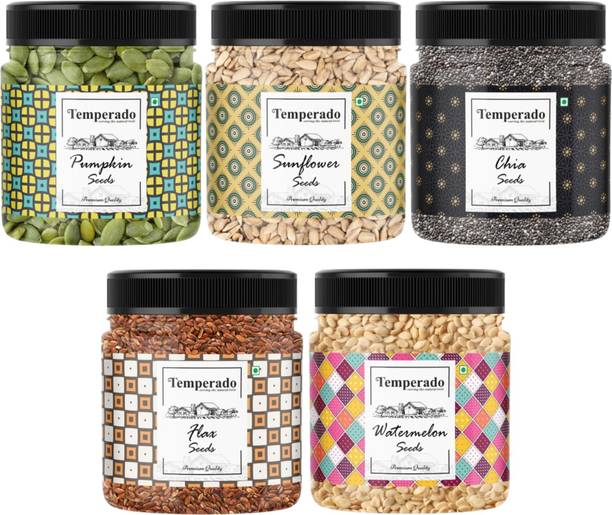 Temperado 5SEEDSCOMBO100GMJAR Pumpkin Seeds, Sunflower Seeds, Chia Seeds, Brown Flax Seeds, Watermelon Seeds
