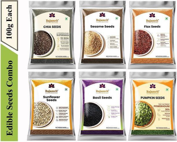 Rajamrit Healthy Edible Raw Seeds Combo Pack for Nutrition, Heart Health & Digestion Black Chia Seeds, Pumpkin Seeds, Sunflower Seeds, Golden Flax Seeds, White Sesame Seeds, Basil Seeds