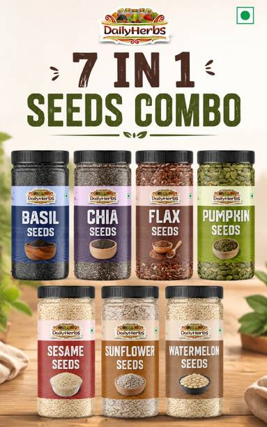 DAILYHERBS Raw Mix Super Seeds Combo Pack Of 7 for Weight Loss with Omega 3 (100G EACH) | Chia Seeds, Pumpkin Seeds, Sunflower Seeds, Brown Flax Seeds, Basil Seeds, Sesame Seeds, Watermelon Seeds