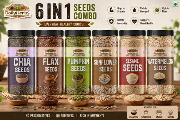 DAILYHERBS Raw Seeds Combo Pack Of 6 (100G Each) for Weight Loss with Omega-3 & Fiber Rich Chia Seeds, Pumpkin Seeds, Sunflower Seeds, Brown Flax Seeds, Sesame Seeds, Watermelon Seeds
