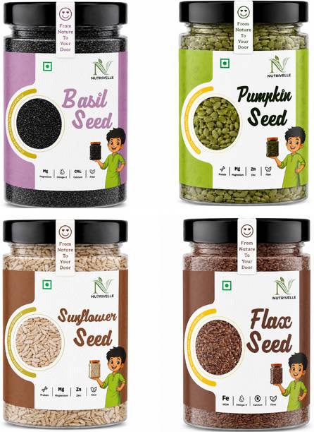 NUTRI VELLE Raw Basil Seeds, Flax, Pumpkin & Sunflower Seeds Combo Pack | 100GM Pack of 4 | Basil Seeds, Brown Flax Seeds, Pumpkin Seeds, Sunflower Seeds