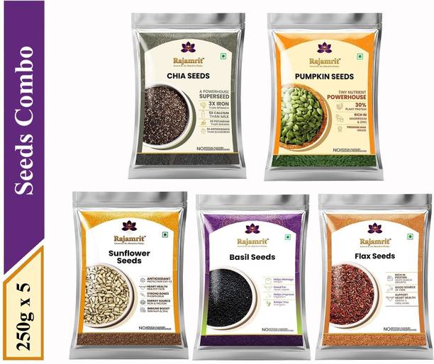 Rajamrit High Protein Edible Superfood Seeds Combo Value Pack for Immunity & Digestion Grey Chia Seeds, Pumpkin Seeds, Sunflower Seeds, Basil Seeds, Golden Flax Seeds