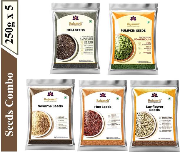 Rajamrit Premium Raw Super Seeds Combo Pack of 5 | High Fiber Superfood for Weightloss Black Chia Seeds, Pumpkin Seeds, Sunflower Seeds, Sesame Seeds, Brown Flax Seeds