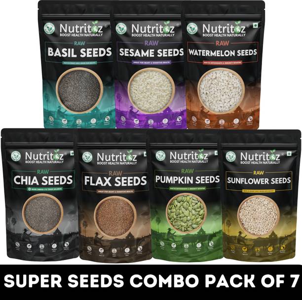 Nutritoz Raw Mix Super Seeds Combo Pack Of 7 for Weight Loss with Omega 3 (50G EACH) | Chia Seeds, Brown Flax Seeds, Pumpkin Seeds, Sunflower Seeds, Basil Seeds, Sesame Seeds, Watermelon Seeds