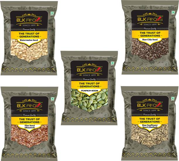 BLK FOODS Combo of All Seeds Pack- Chia, Pumpkin, Sunflower, Flax, Watermelon 200gm each Brown Flax Seeds, Chia Seeds, Pumpkin Seeds, Sunflower Seeds, Watermelon Seeds