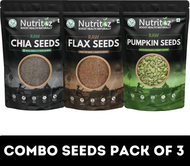 Nutritoz Raw Chia Seeds, Flax Seeds & Pumpkin Seeds Combo 100GM Pack of 3 Chia Seeds, Brown Flax Seeds, Pumpkin Seeds