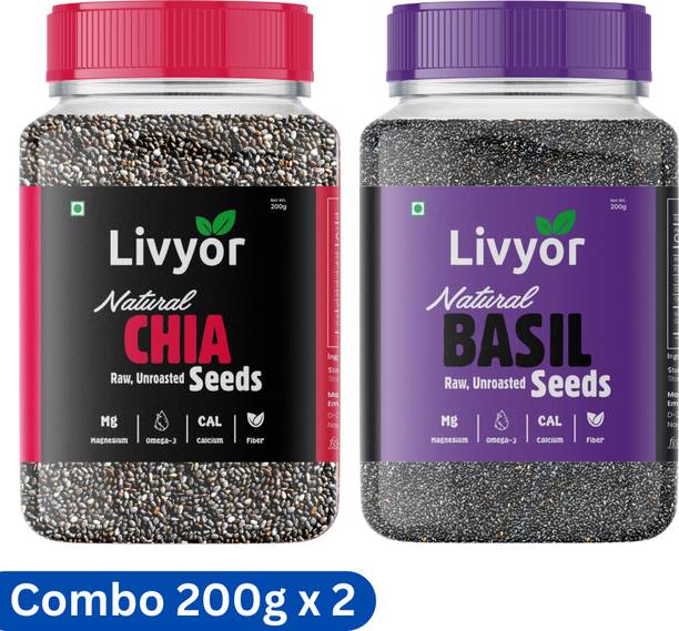 LIVYOR Raw Chia Seeds & Basil Seeds Combo Pack (200g + 200g) Chia Seeds, Basil Seeds