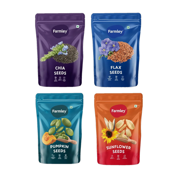 Farmley Premium Seeds 800g, Combo Pack Of 4(Each 200g) Chia Seeds, Brown Flax Seeds, Pumpkin Seeds, Sunflower Seeds