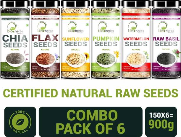 Bioherbs Certified Raw Combo Seeds Value Pack (FLax Seed,Chia Seed, Sunflower seed, Pumpkin Seed,Watermelon Seed & Basil Seed) Basil Seeds, Chia Seeds, Watermelon Seeds, Sunflower Seeds, Brown Flax Seeds, Pumpkin Seeds