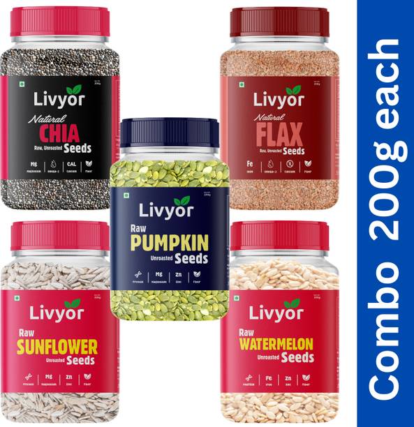 LIVYOR Raw Seeds Combo 200gx5 for Weight Loss | Mix Seeds Combo Pack for eating Chia Seeds, Brown Flax Seeds, Pumpkin Seeds, Sunflower Seeds, Watermelon Seeds